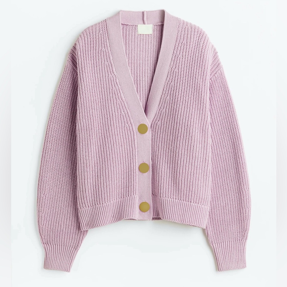 H&M Soft Pink Gold Button-Up Long Sleeve Chunky Knit Cardigan SMALL